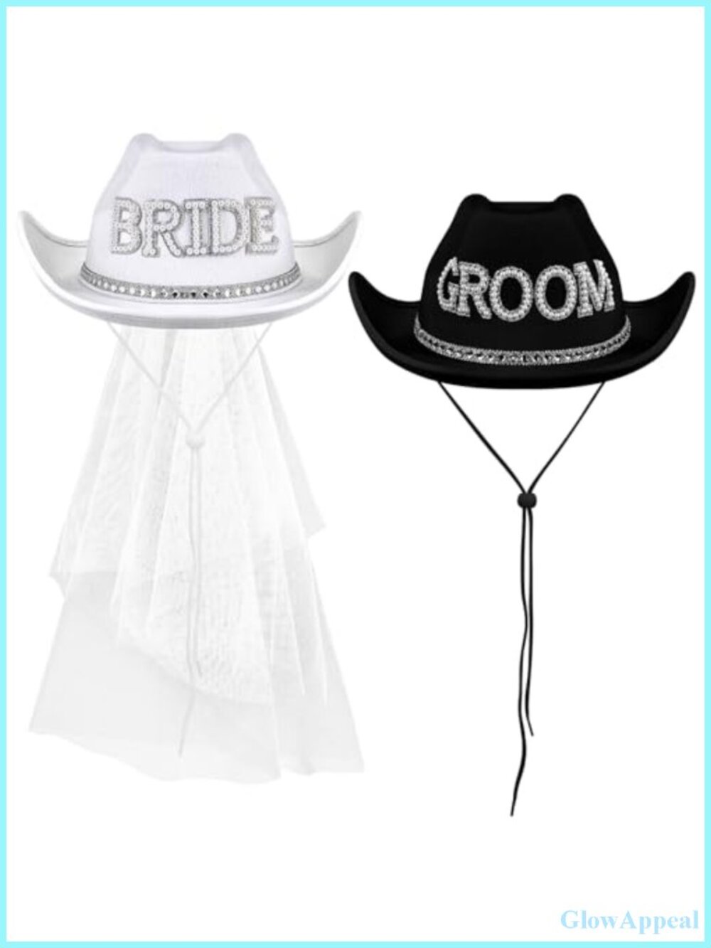 Bride & Groom Cowboy Hats Set with Veil - Wedding Party Costume Hats, One Size